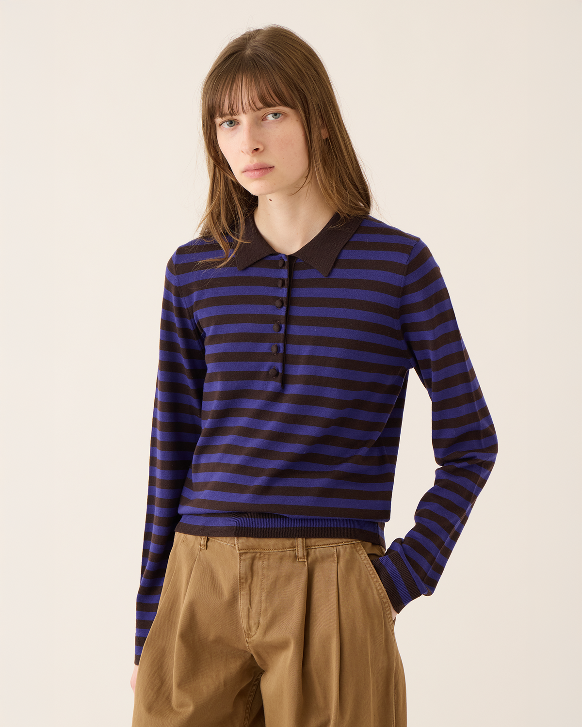 Demylee Claudia Stripe Merino Wool Polo Sweater in Chocolate & Royal Violet