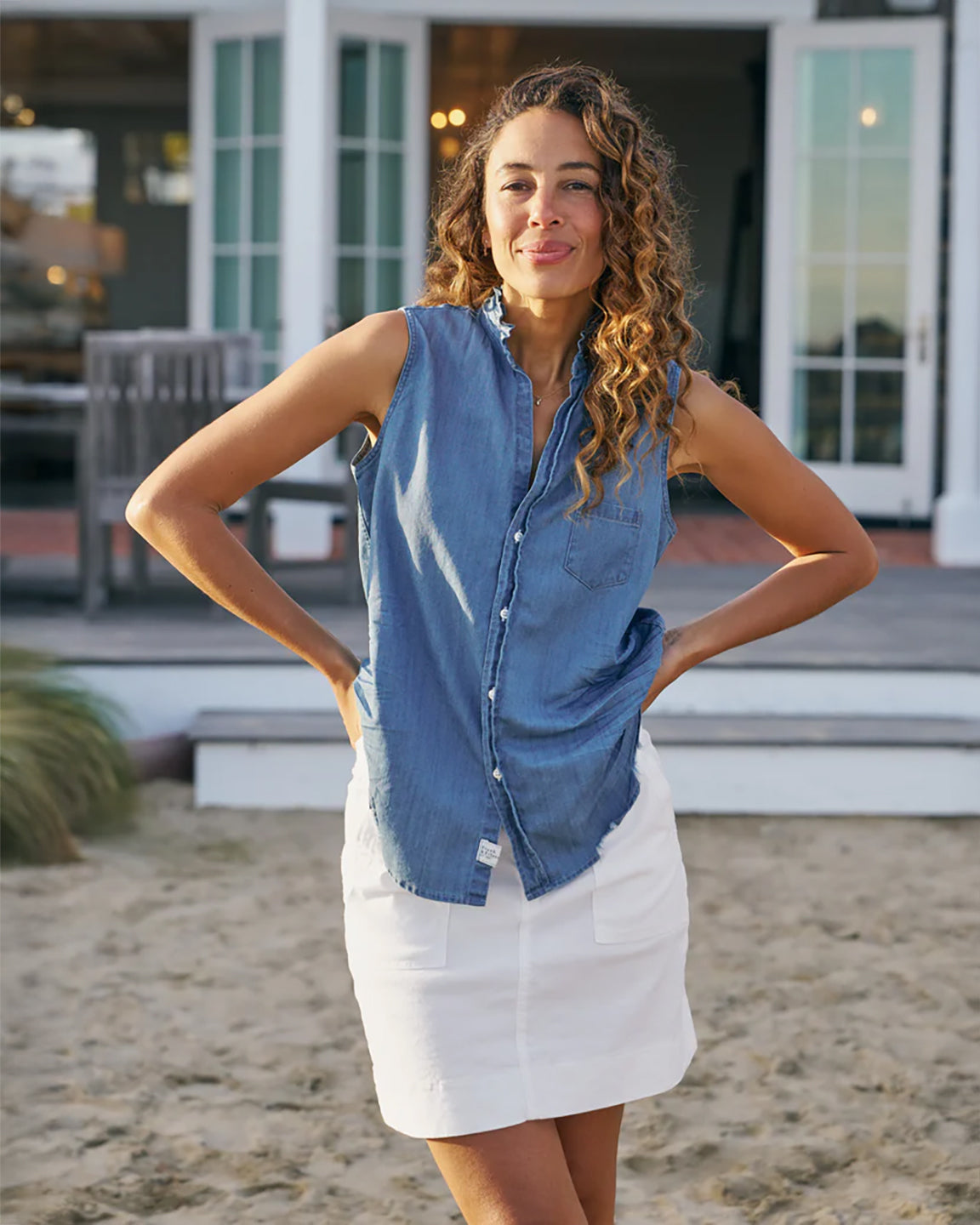 Frank & Eileen Fiona Ruffle Sleeveless Button Up in Vintage Stonewashed Indigo