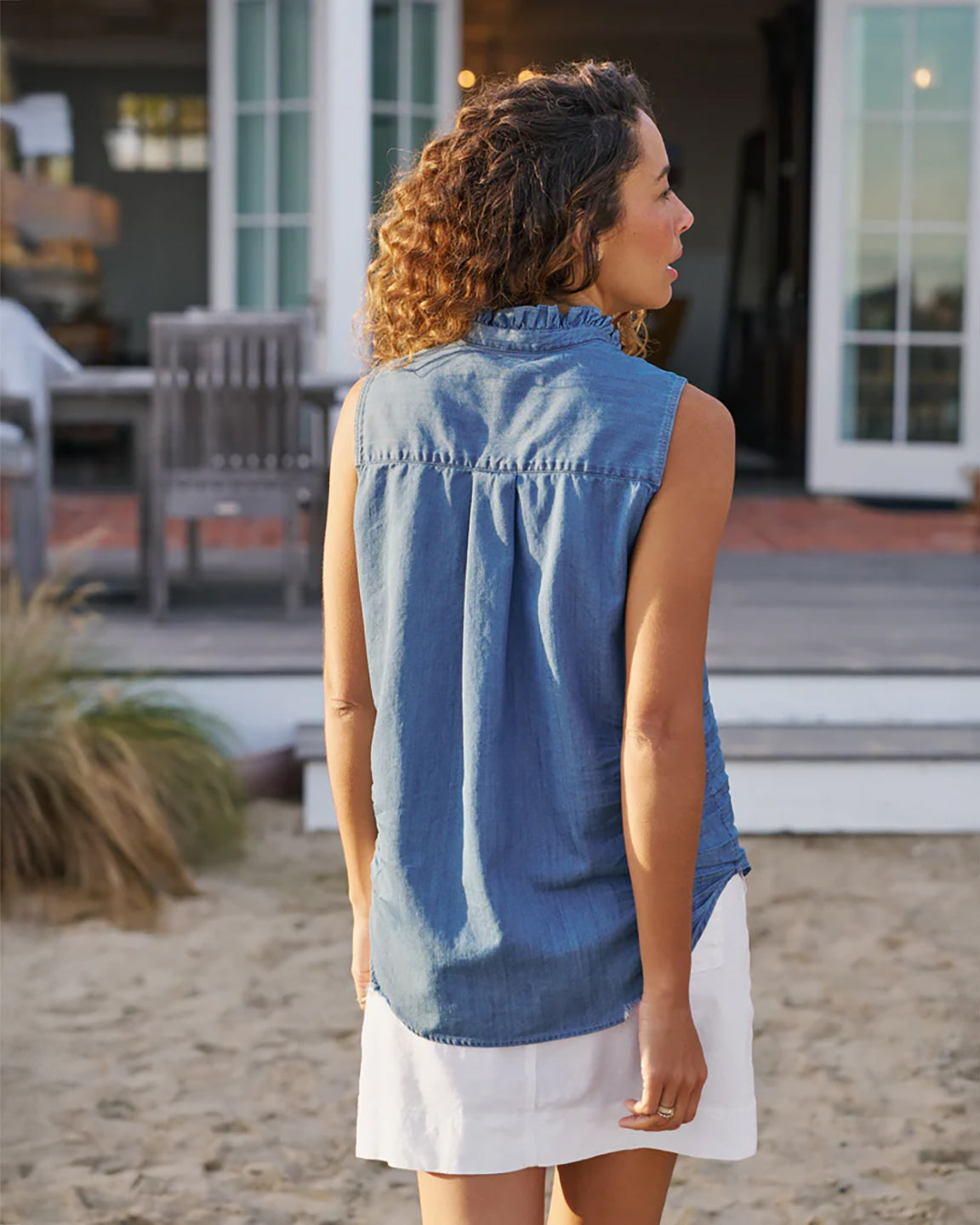 Frank & Eileen Fiona Ruffle Sleeveless Button Up in Vintage Stonewashed Indigo