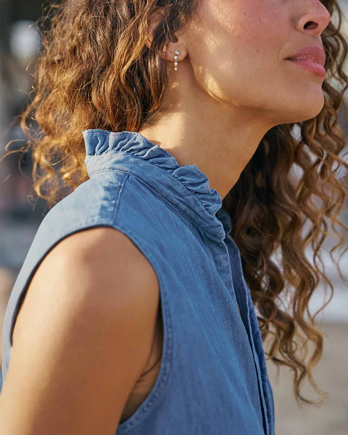 Frank & Eileen Fiona Ruffle Sleeveless Button Up in Vintage Stonewashed Indigo