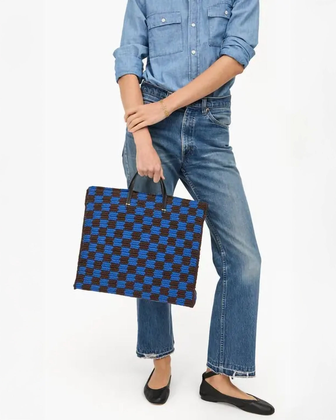 Clare V. Crochet Checkered Summer Simple Tote in Deep Blue/Chocolate