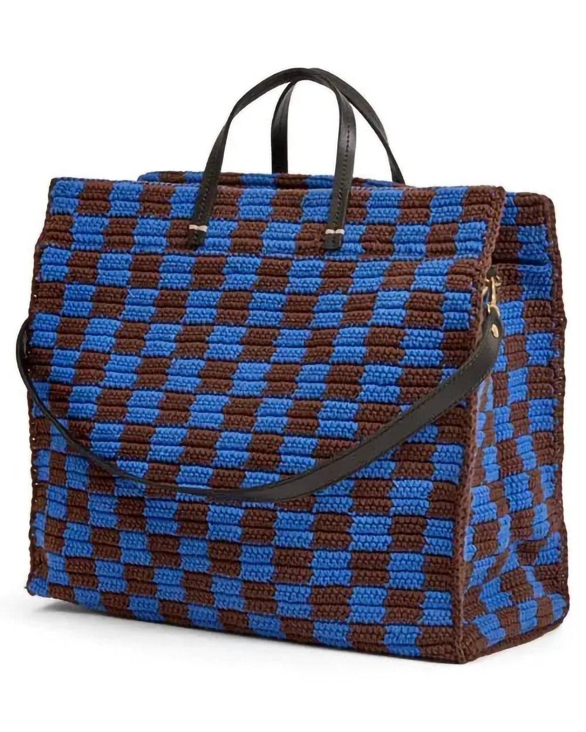 Clare V. Crochet Checkered Summer Simple Tote in Deep Blue/Chocolate