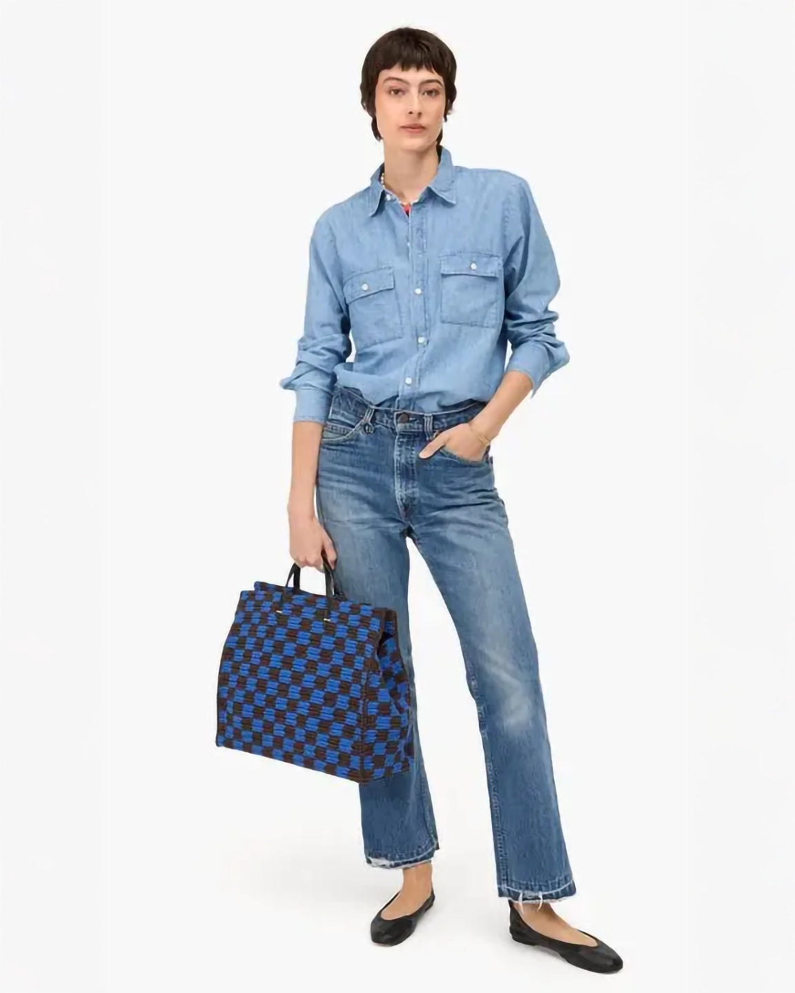 Clare V. Crochet Checkered Summer Simple Tote in Deep Blue/Chocolate