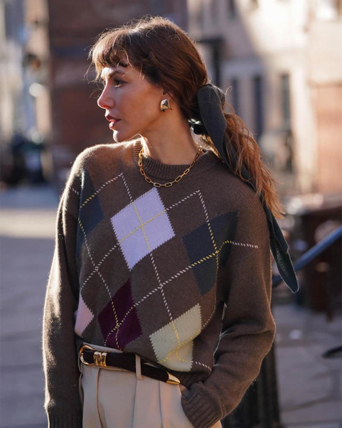 White and Warren Cashmere Argyle Crew in Multi Combo