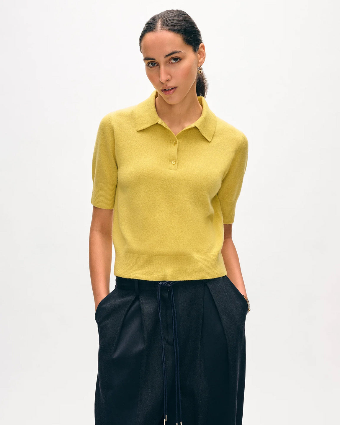 White and Warren Cashmere Polo Top in Yellow Sunbeam