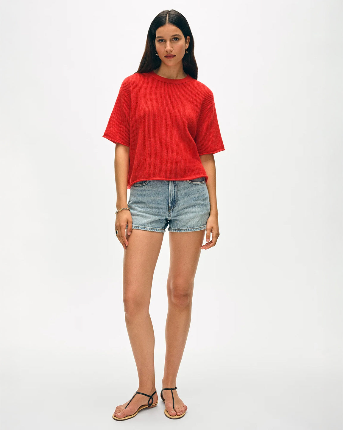 White and Warren Cashmere Waffle Mesh Tee in French Red