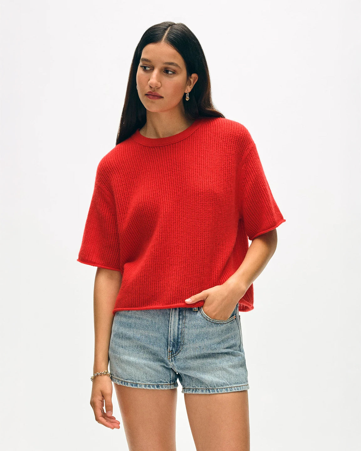 White and Warren Cashmere Waffle Mesh Tee in French Red