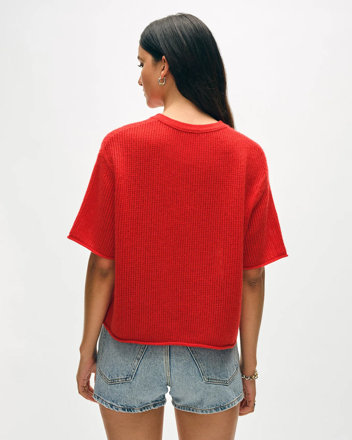 White and Warren Cashmere Waffle Mesh Tee in French Red