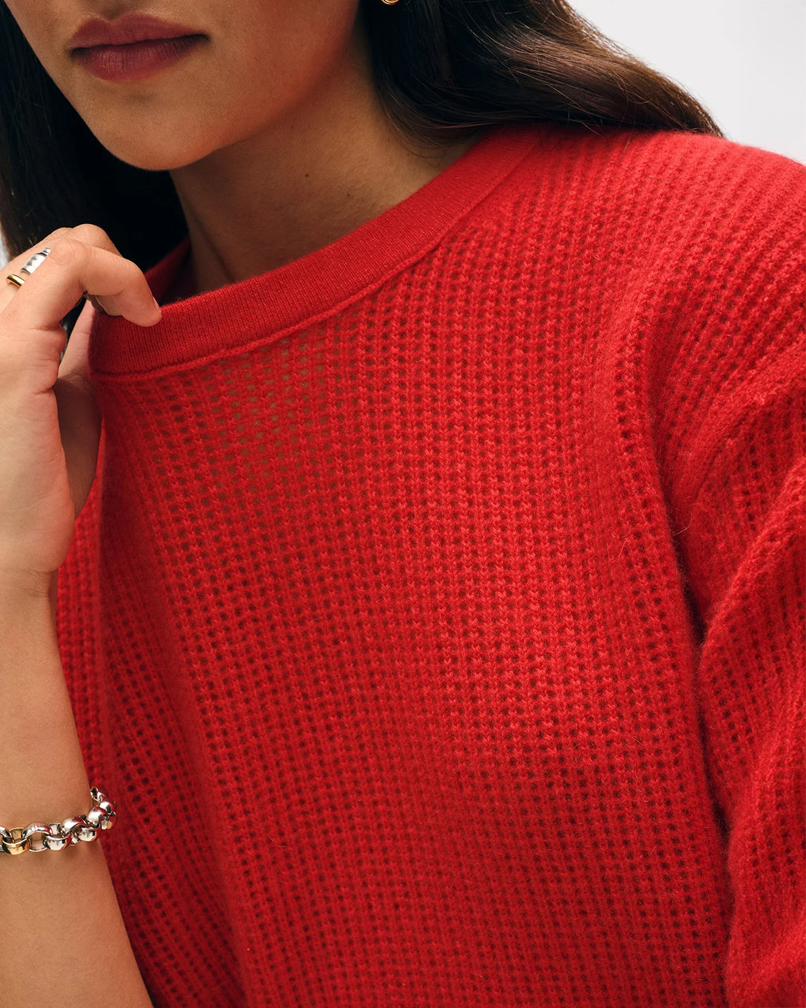White and Warren Cashmere Waffle Mesh Tee in French Red