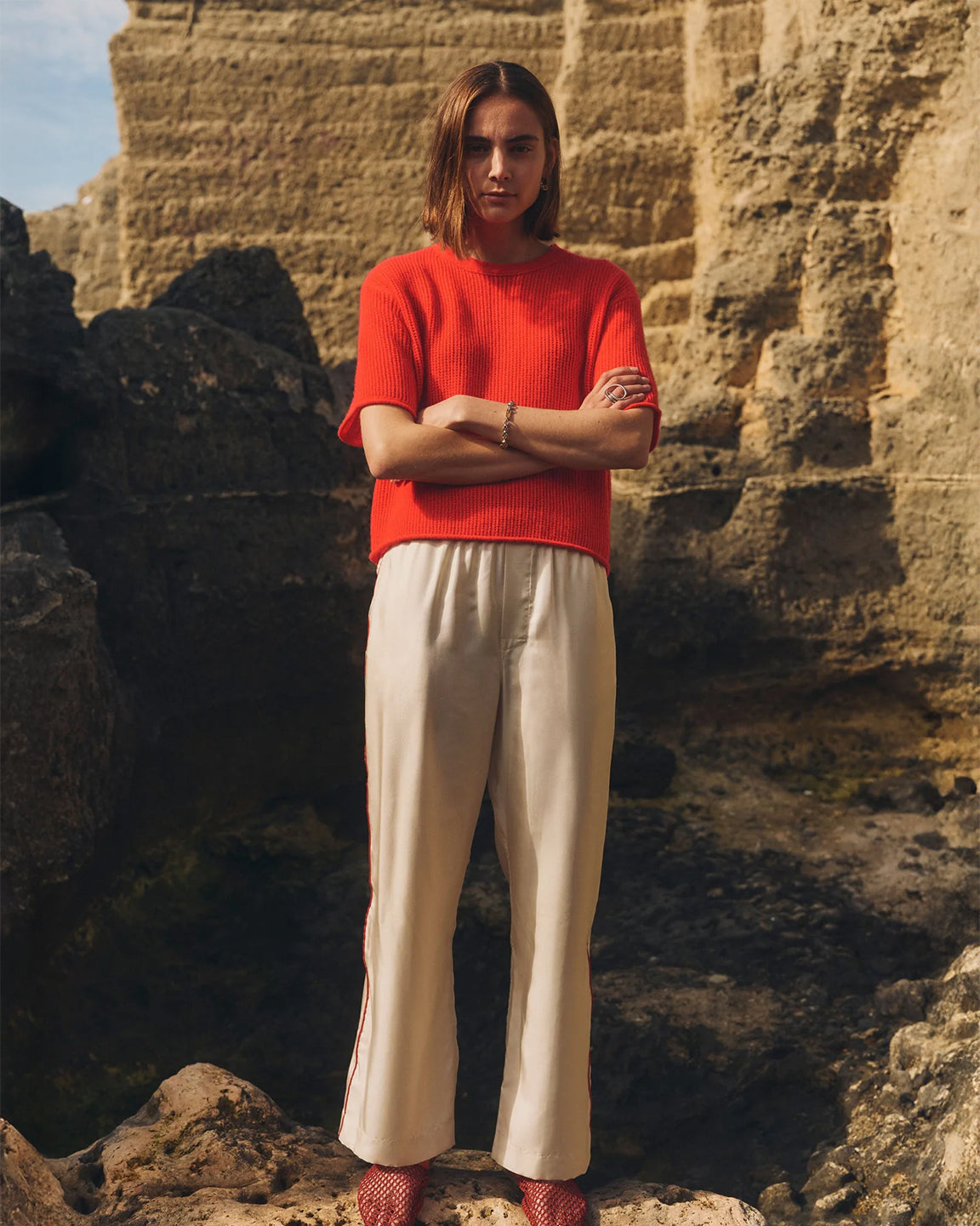 White and Warren Cashmere Waffle Mesh Tee in French Red
