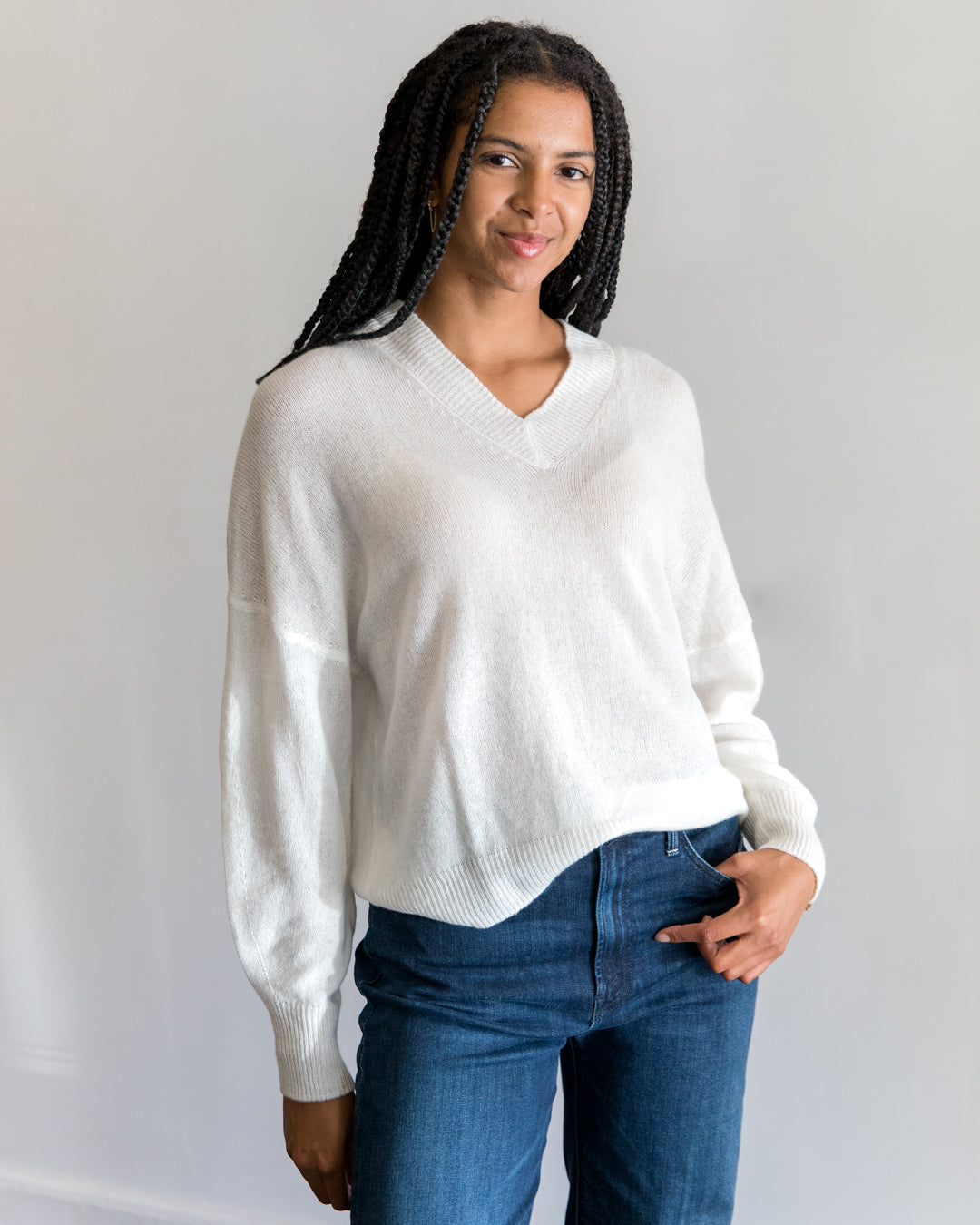 Van Kukil Catalina V Neck Sweater in Angel White