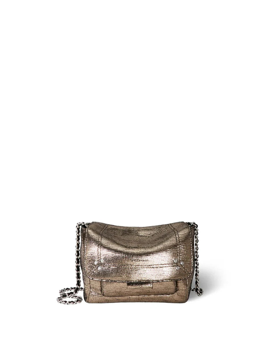 Metallic handbag with a chain detail on a white background