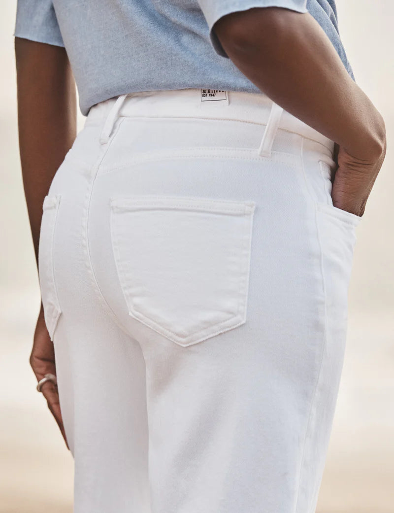 Person wearing light blue shirt and white jeans with a blurred background