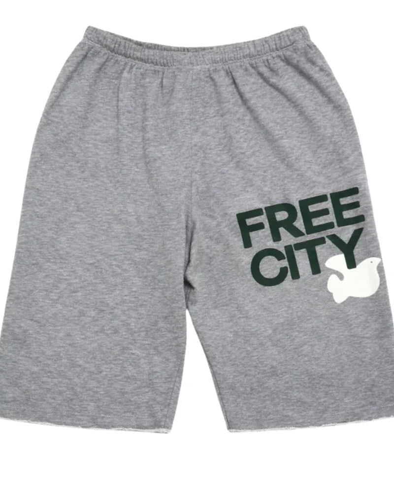 Gray shorts with 'Free City' text and a logo on a white background
