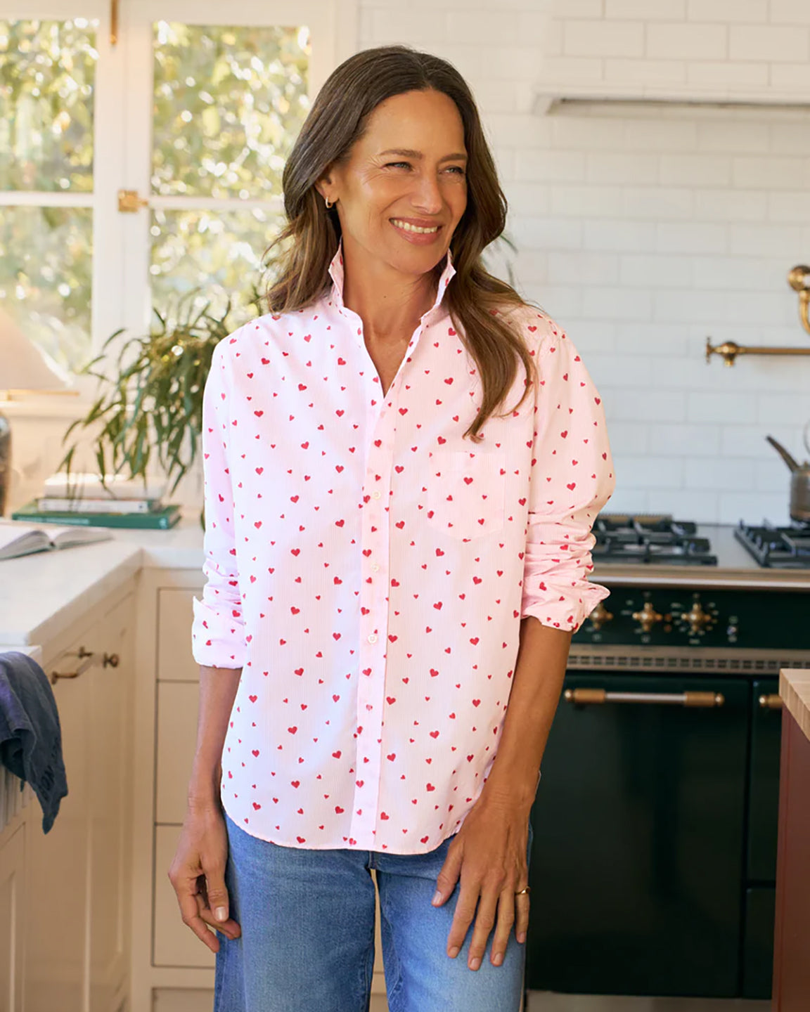 Frank & Eileen Relaxed Button-Up Shirt Pink Stripe Hearts