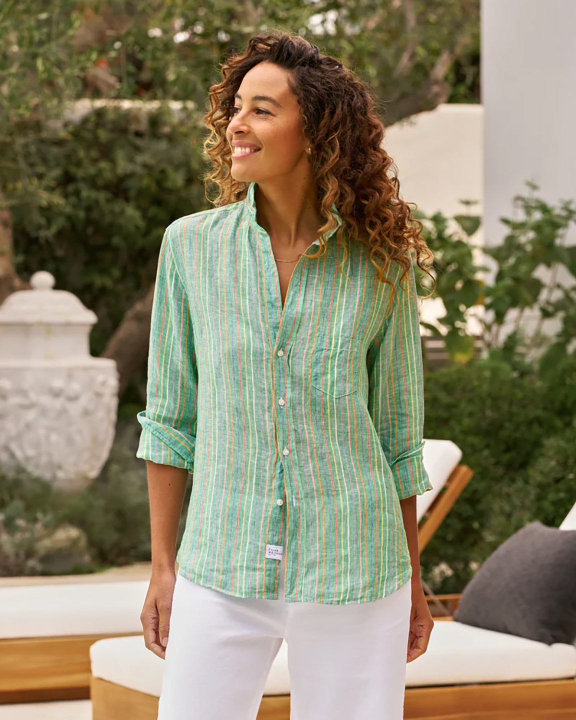 Frank & Eileen Eileen Relaxed Button-Up Shirt in Multi Stripe Green Linen (GSTL)