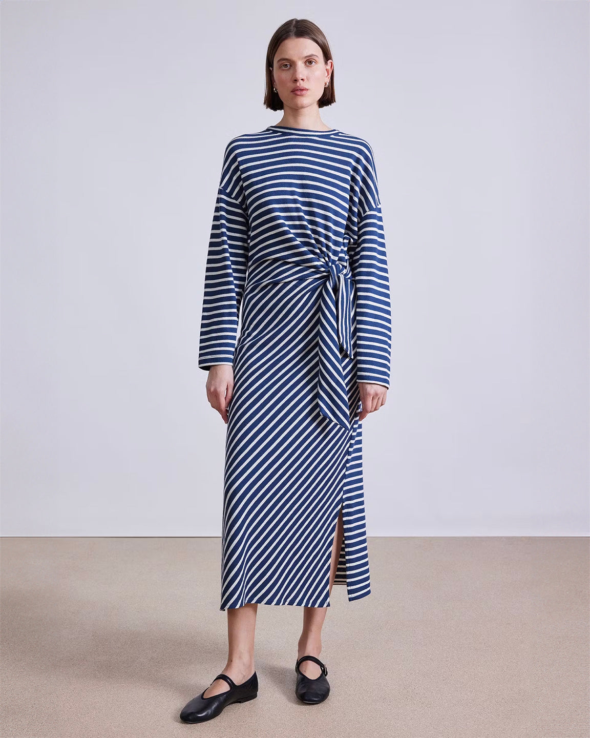 Apiece Apart L/S Vanina Cinched Waist Dress in Navy and Cream Stripe