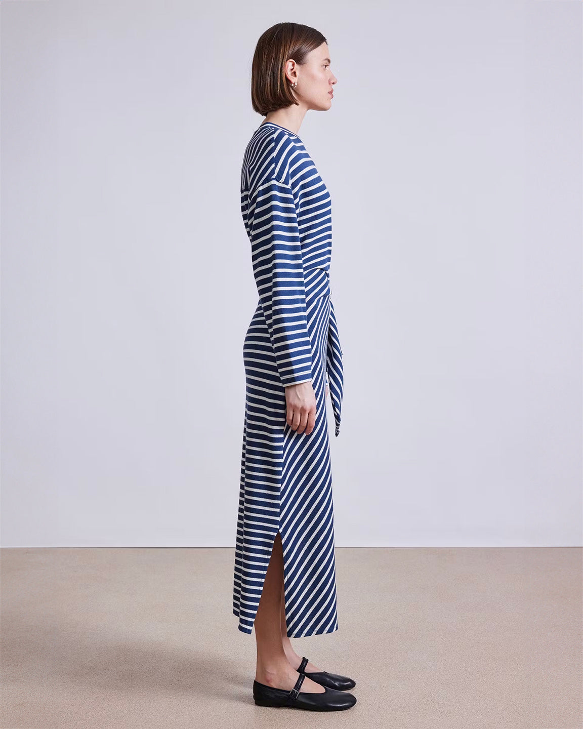 Apiece Apart L/S Vanina Cinched Waist Dress in Navy and Cream Stripe