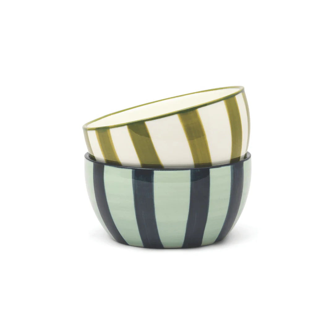 Here's How The Bella Set of 2 Dipping Bowls in Green + Blue Stripe