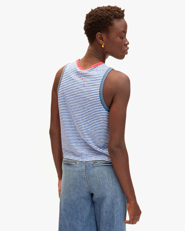 Clare V. Camp Fit Tank in Blue/Cream Cotton/Linen Mini Stripe