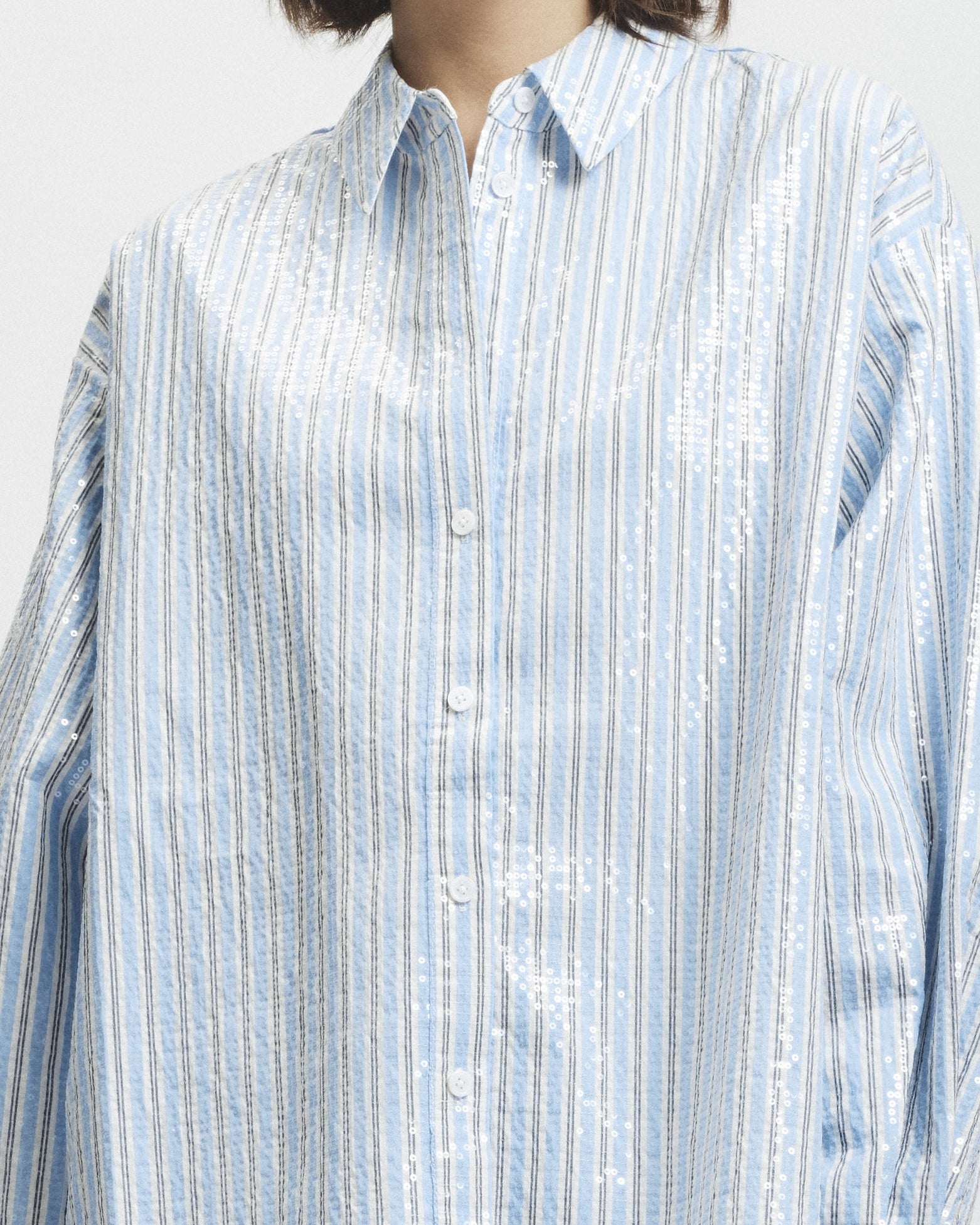Bradley Sequin Pinstripe Blouse, Blue Stripe