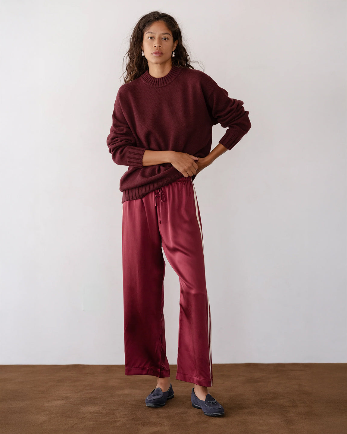 Donni. The Silk Stripe Crop Pant in Oxblood