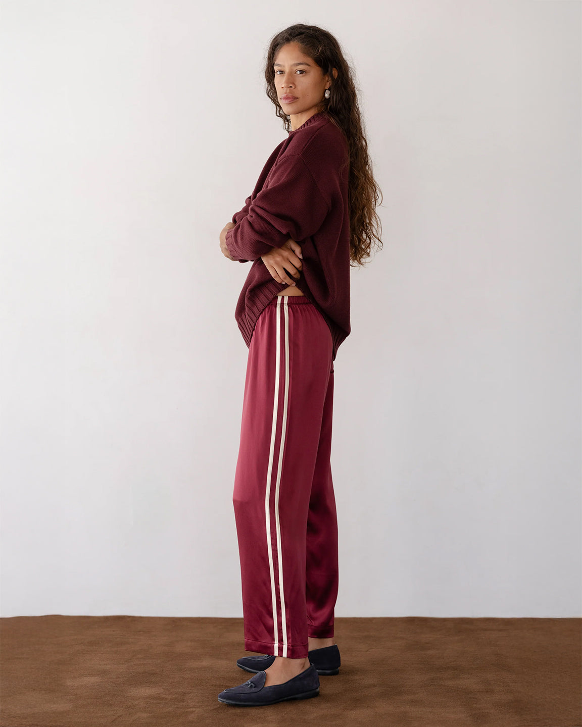 Donni. The Silk Stripe Crop Pant in Oxblood