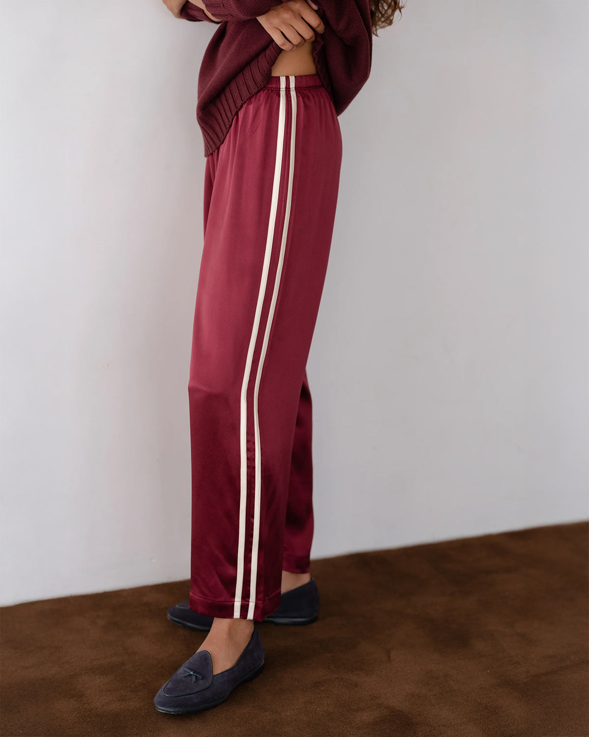 Donni. The Silk Stripe Crop Pant in Oxblood
