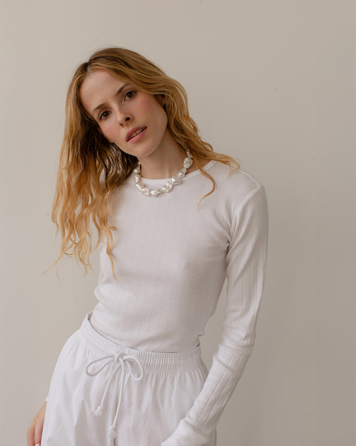 Donni. The Pointelle Long Sleeve in Powder