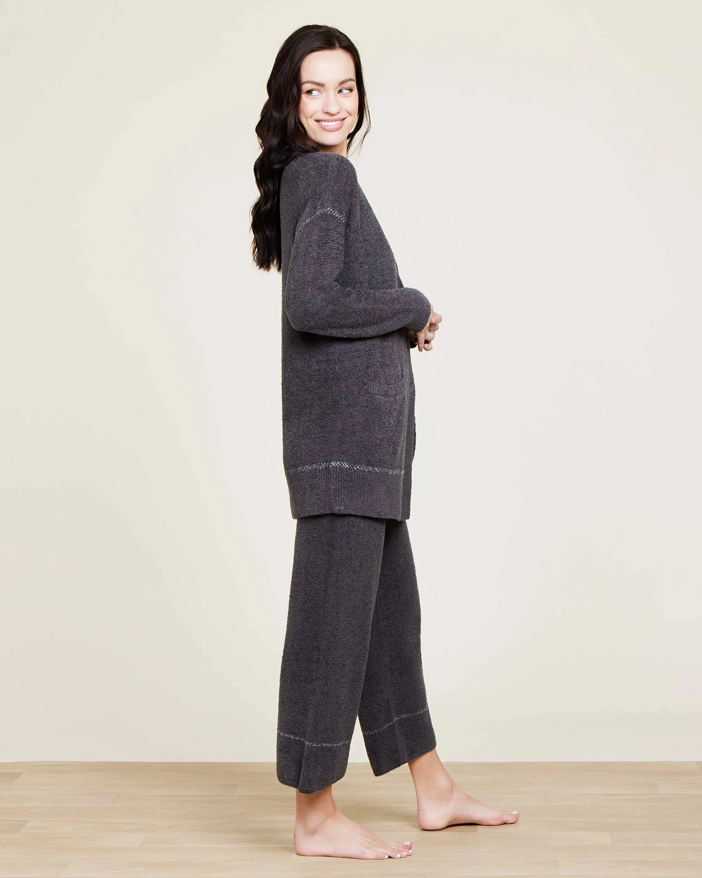 Barefoot Dreams CozyChic Ultra Lite Contrast Stitch Cardigan in Carbon-Pearl
