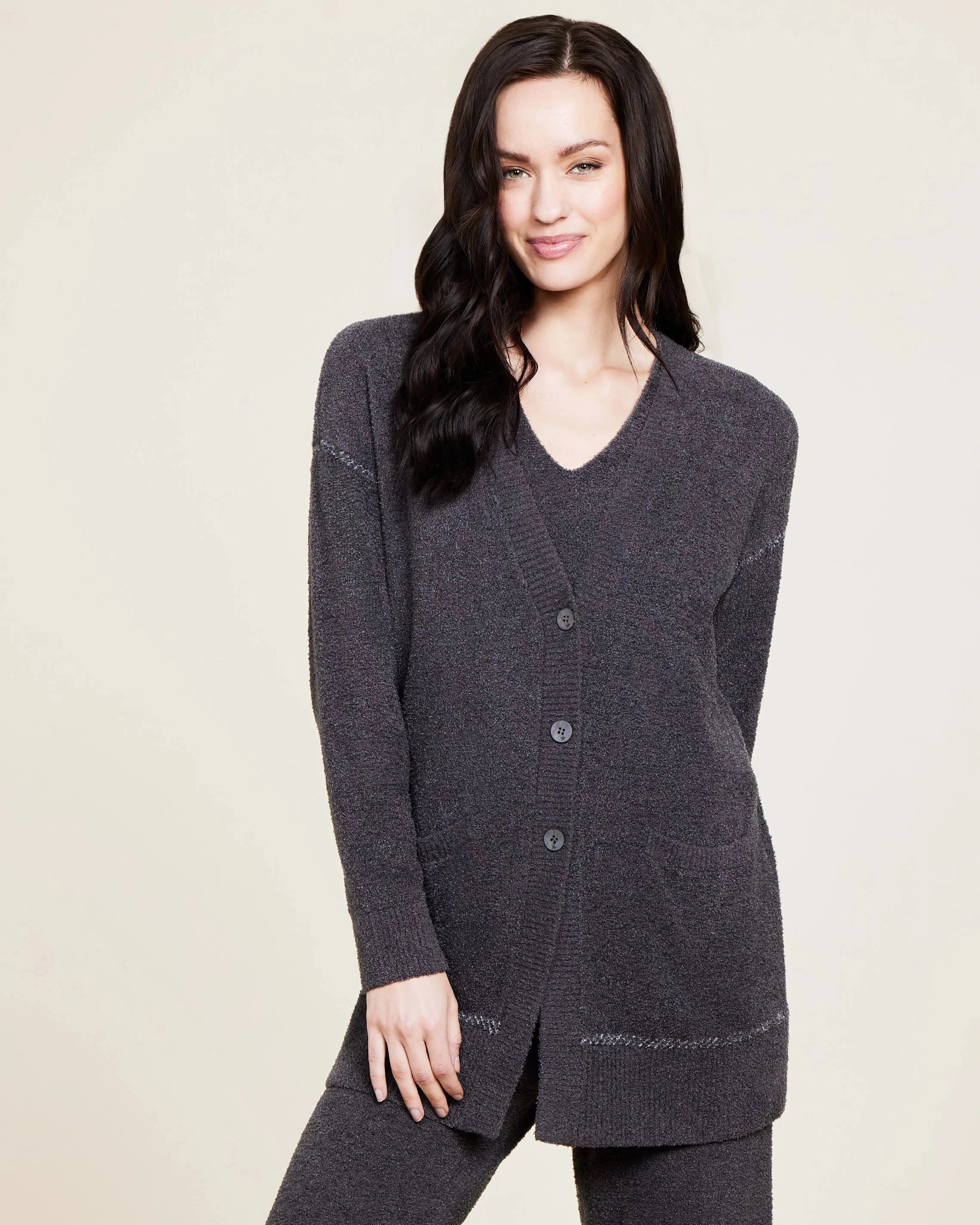 Barefoot Dreams CozyChic Ultra Lite Contrast Stitch Cardigan in Carbon-Pearl