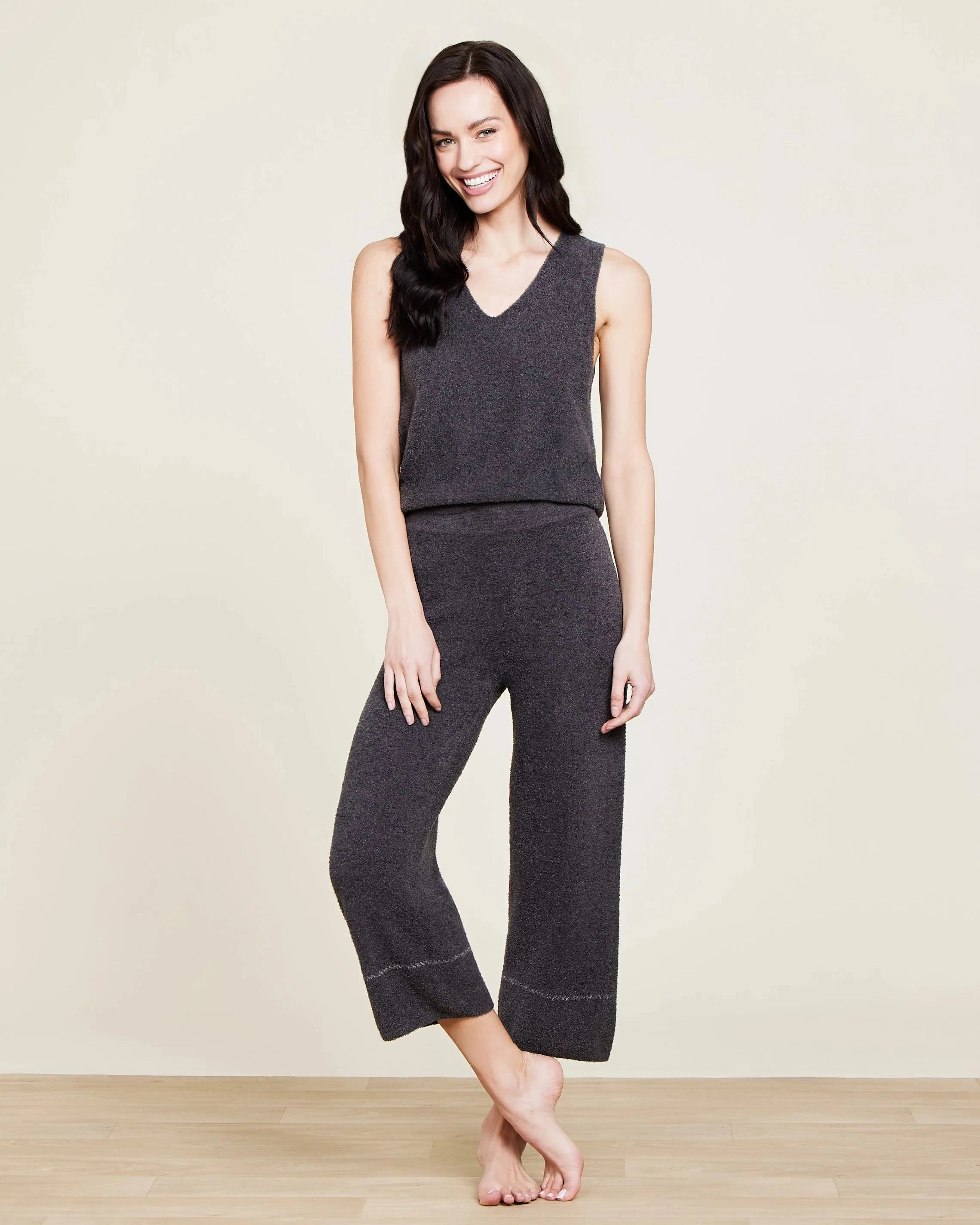 Barefoot Dreams CozyChic Ultra Lite Contrast Stitch Cropped Pant in Carbon-Pearl