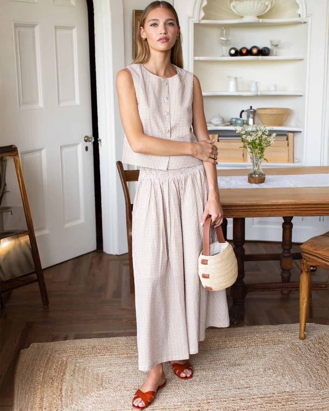 Emerson Fry Button Front Wide Hem Top in Cafe Check