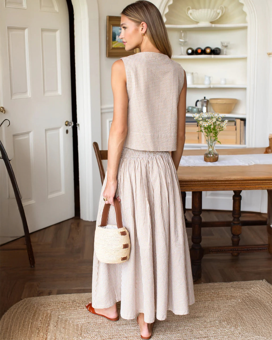 Emerson Fry Smocked Maxi Skirt in Cafe Check