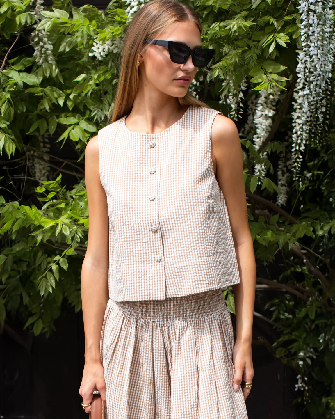 Emerson Fry Button Front Wide Hem Top in Cafe Check