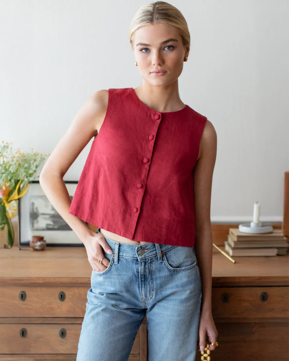 Emerson Fry Button Front Wide Hem Top in Pompeian Red Linen