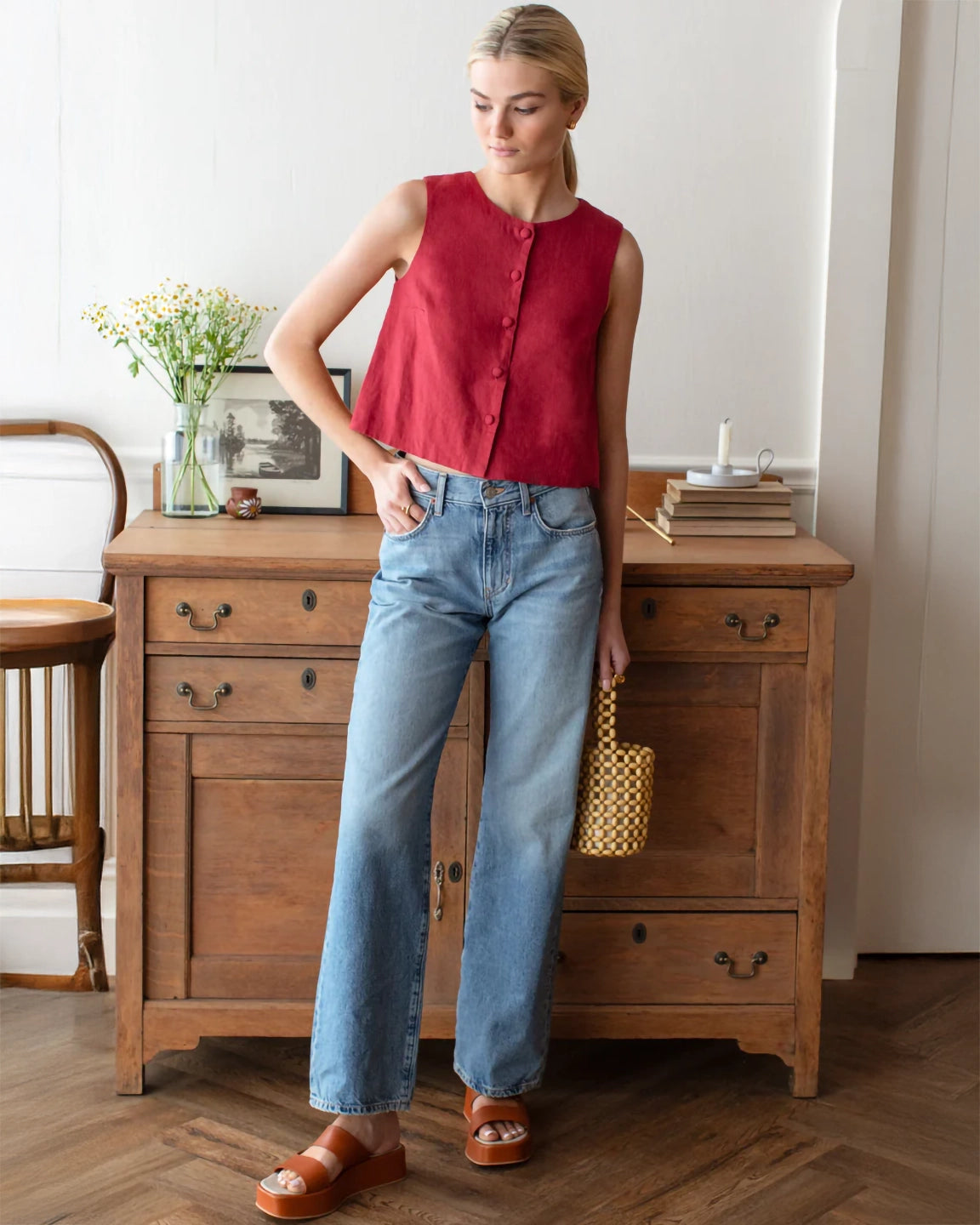 Emerson Fry Button Front Wide Hem Top in Pompeian Red Linen