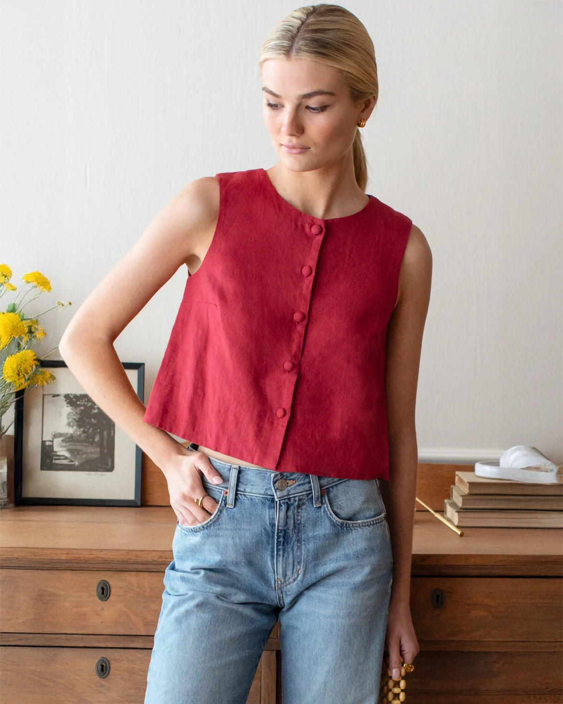 Emerson Fry Button Front Wide Hem Top in Pompeian Red Linen