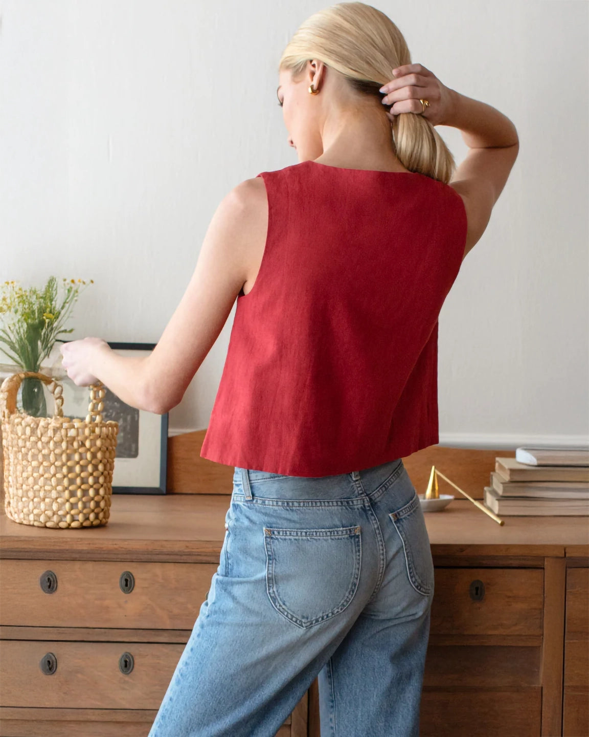 Emerson Fry Button Front Wide Hem Top in Pompeian Red Linen