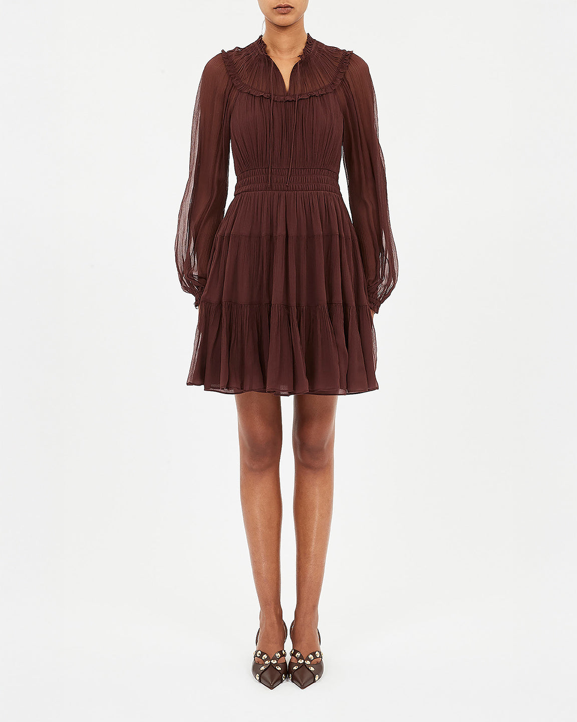 Ulla Johnson Ava Silk Long Sleeve Mini Dress In Mahogany