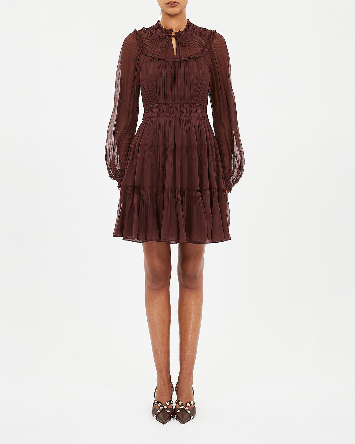 Ulla Johnson Ava Silk Long Sleeve Mini Dress In Mahogany