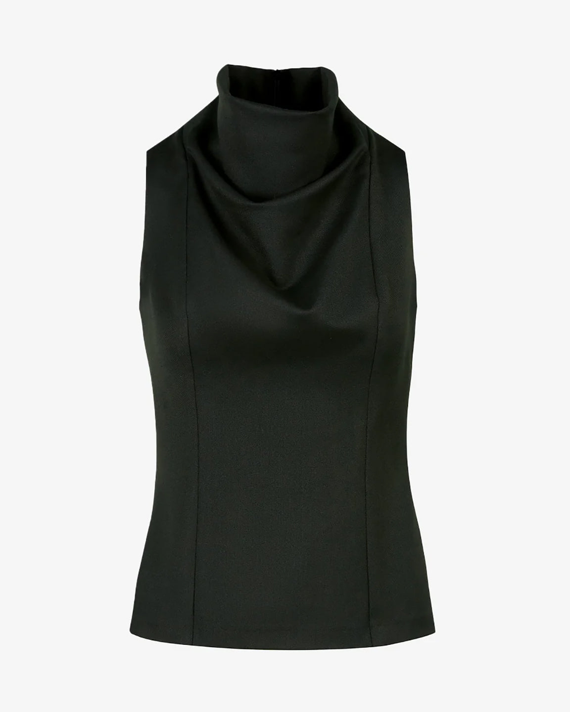 Dark green sleeveless top with a high neckline on a white background