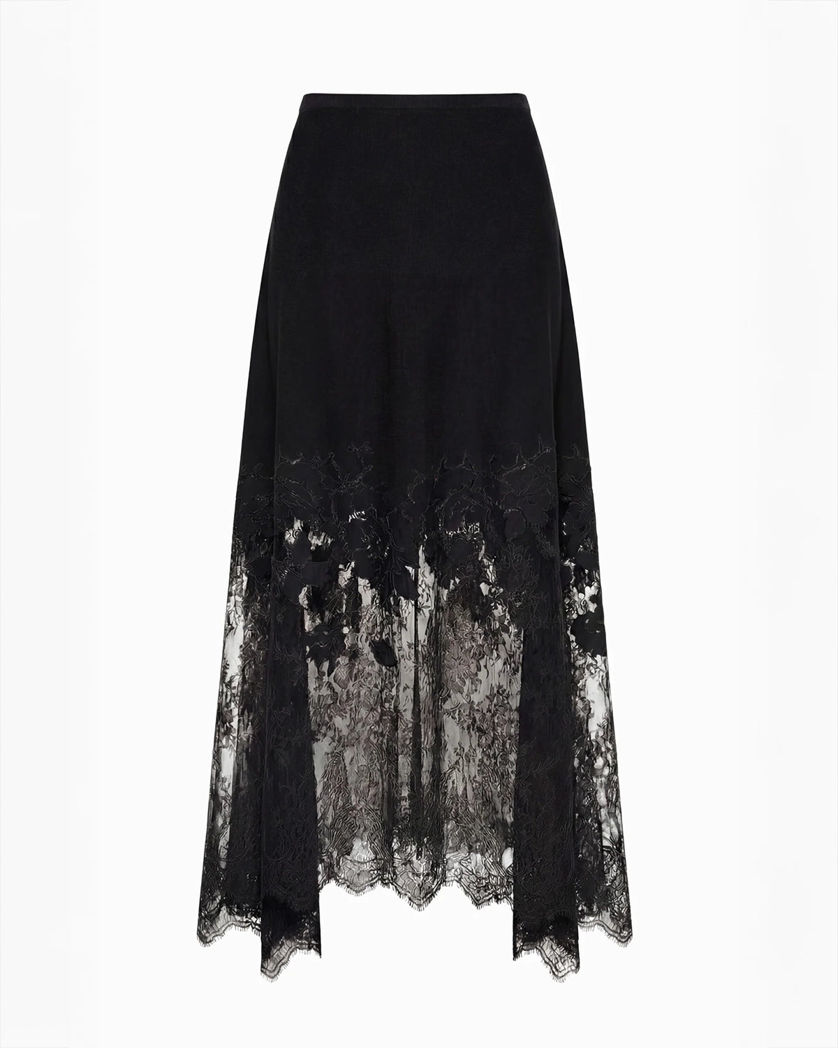 A black midi skirt featuring a solid black upper section and a sheer black floral lace overlay at the hem, displayed against a plain white background.