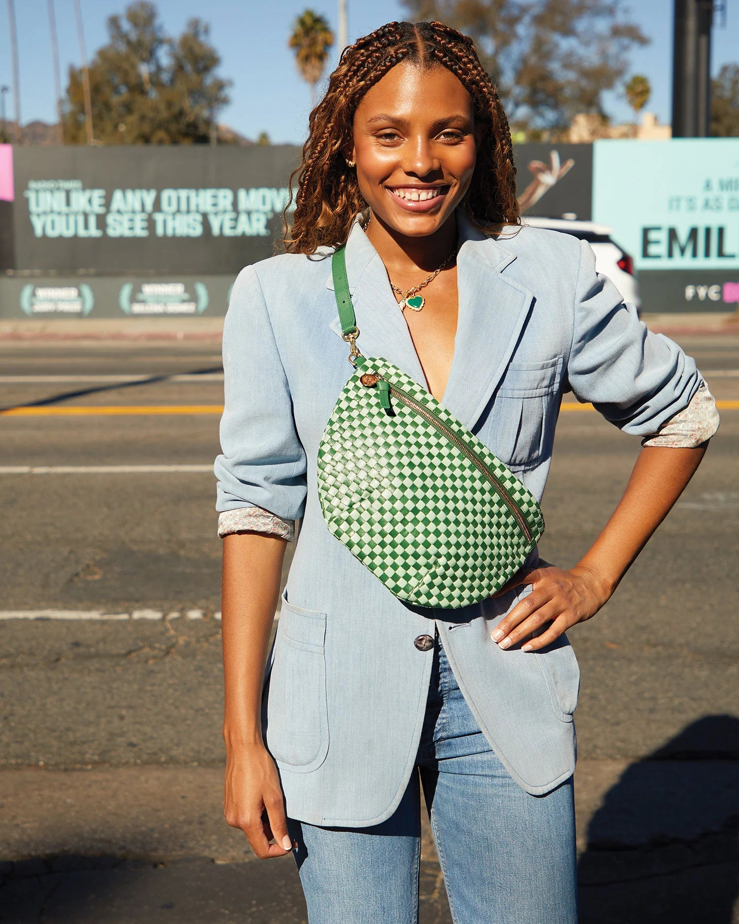 Clare V. Grande Fanny In Woven Checker Fern/Mist