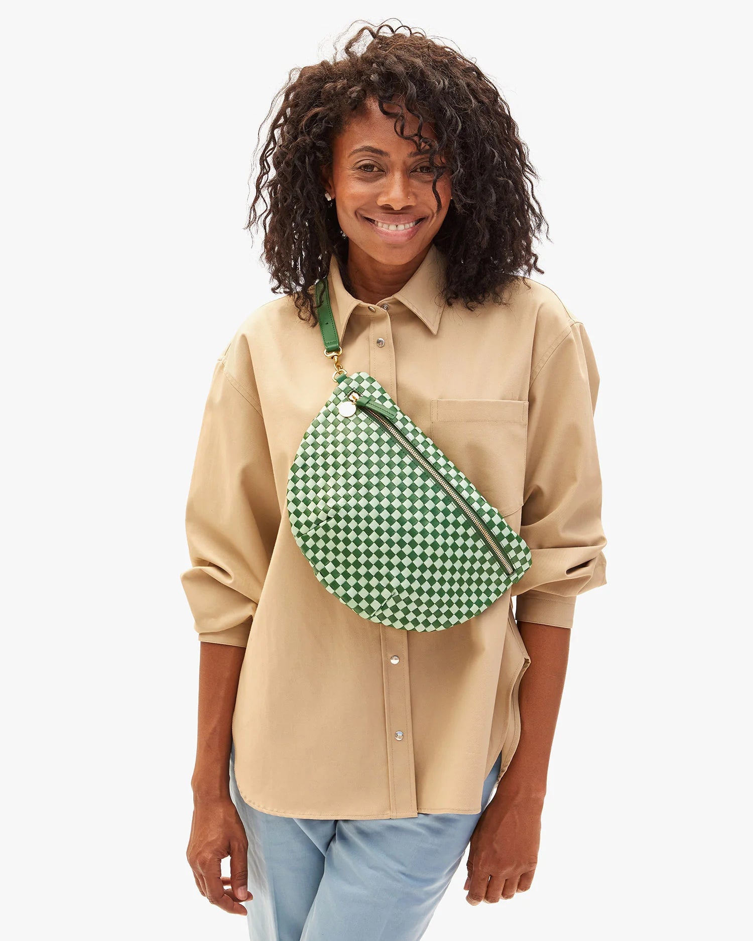 Clare V. Grande Fanny In Woven Checker Fern/Mist