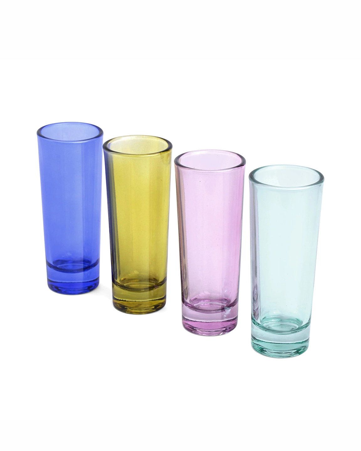 Four colorful glass tumblers on a white background