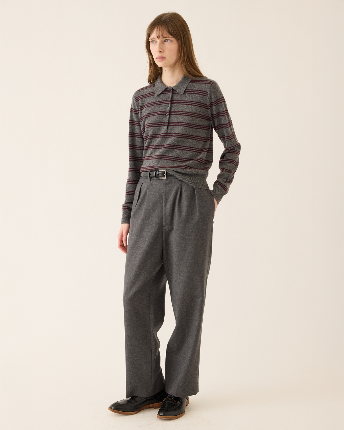 Demylee Hayden Stripe Cashmere Polo Sweater in Dark Heather Grey & Garnet