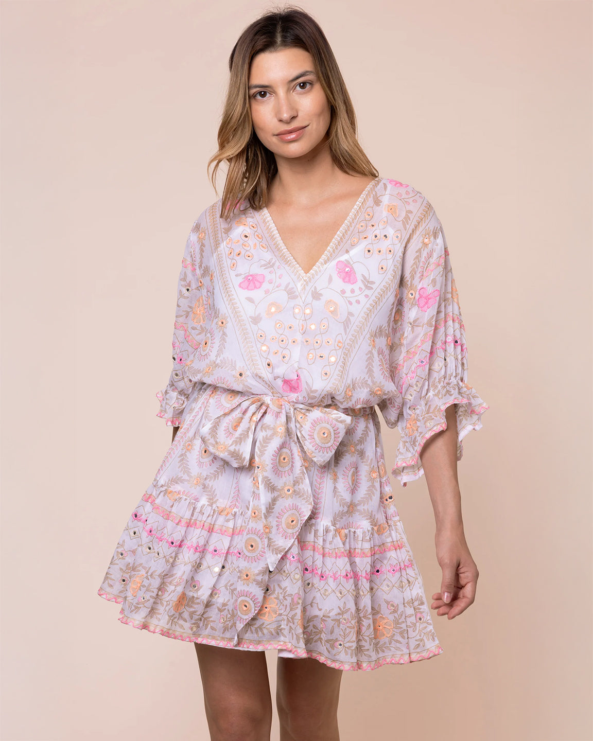 Juliet Dunn Tie Waist Mirrored Mexican Print Mini Dress in White/Pink