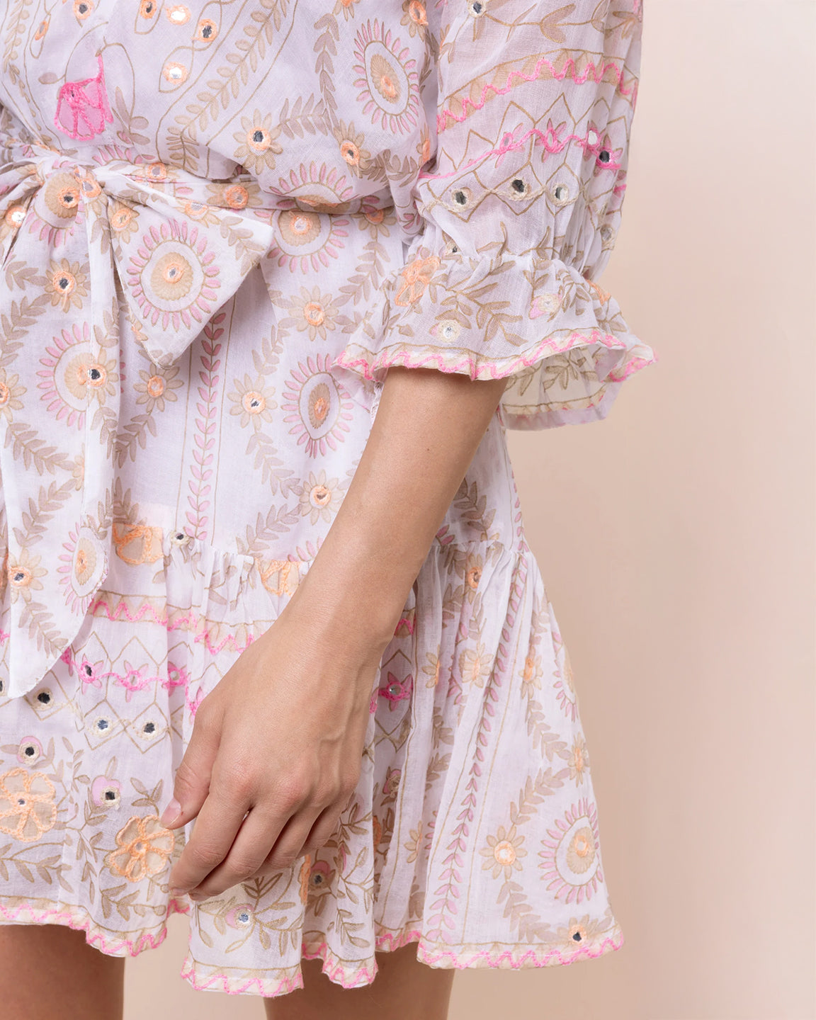 Juliet Dunn Tie Waist Mirrored Mexican Print Mini Dress in White/Pink