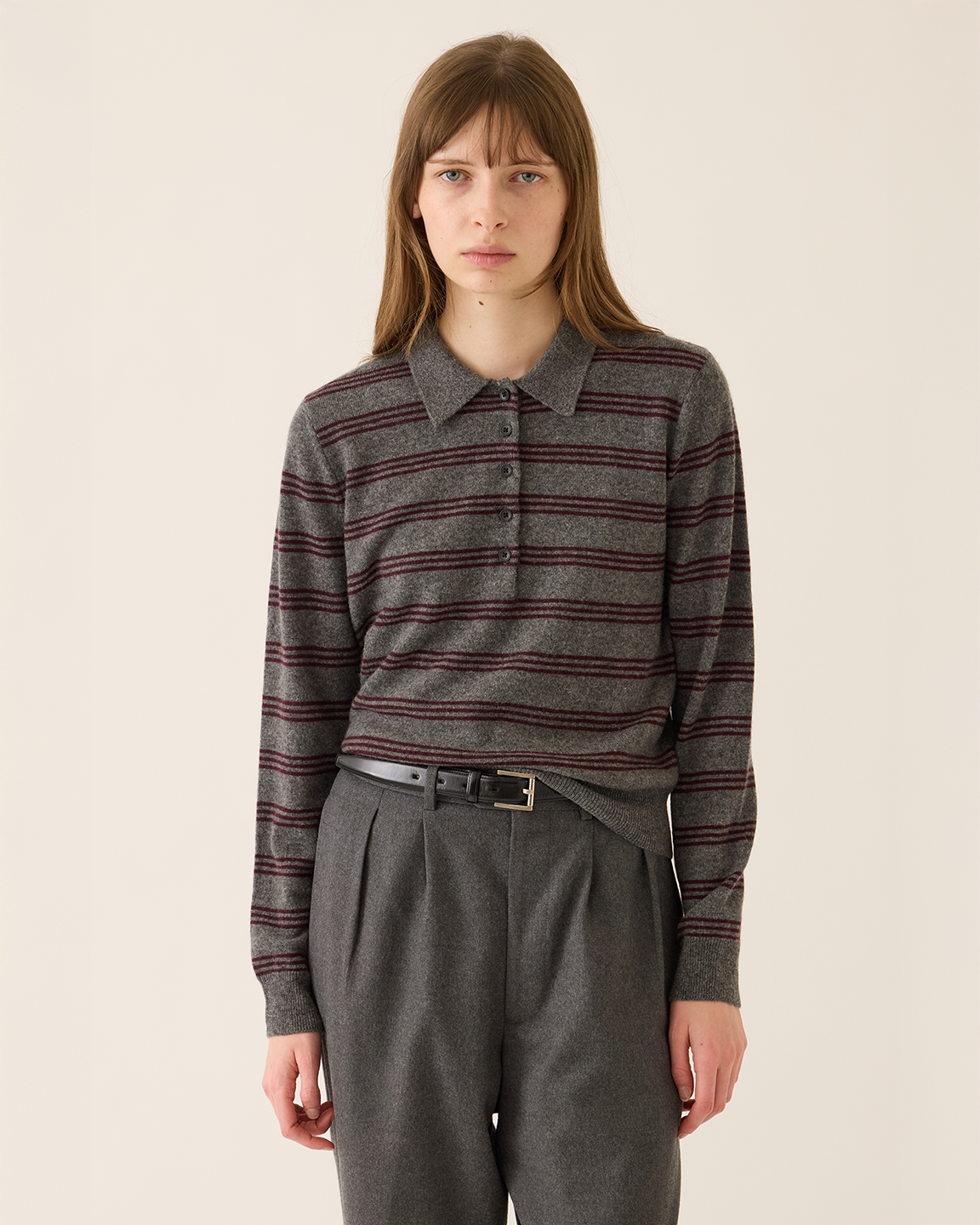 Demylee Hayden Stripe Cashmere Polo Sweater in Dark Heather Grey & Garnet
